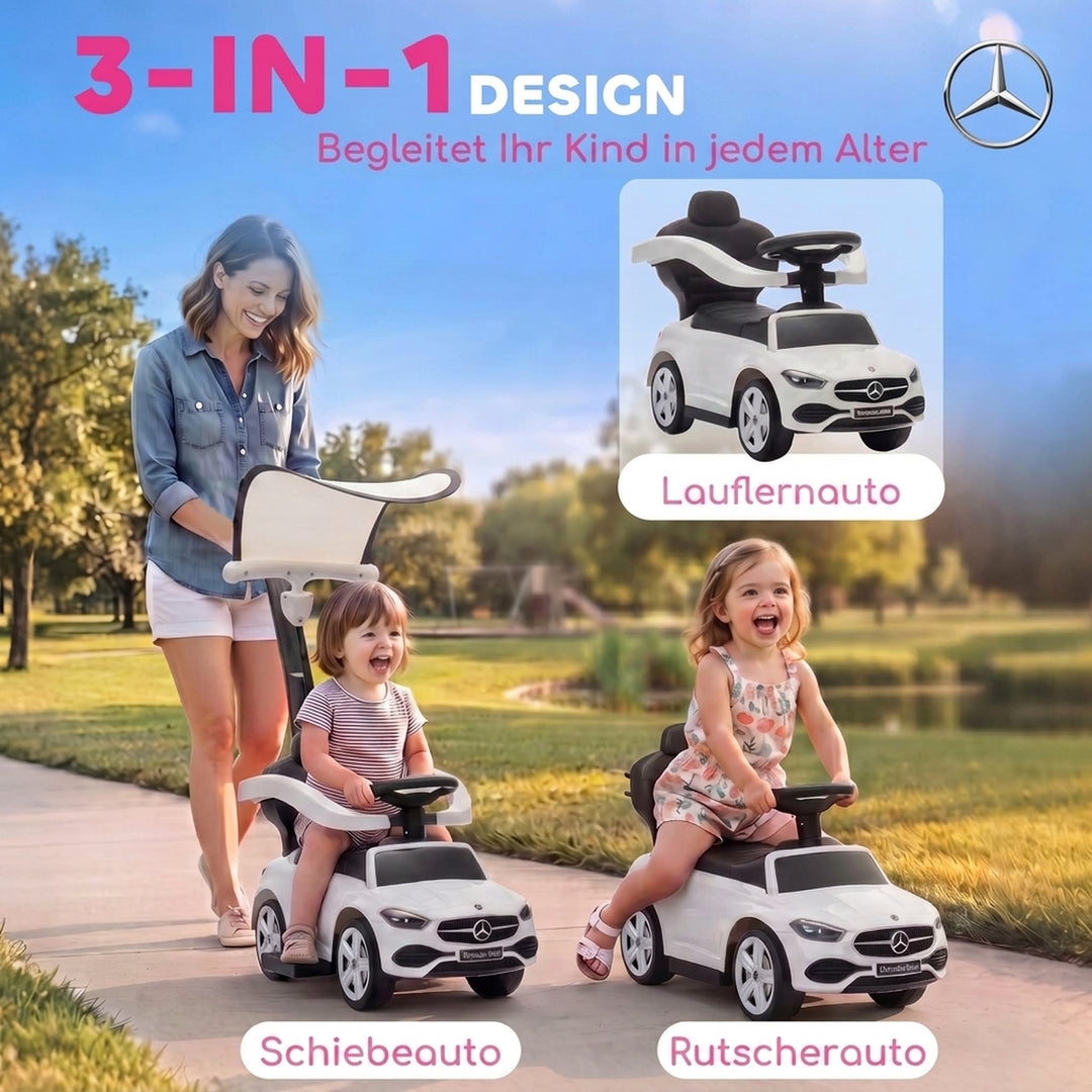 3-i-1 kørebil med skubbebøjle Mercedes-Benz hvid