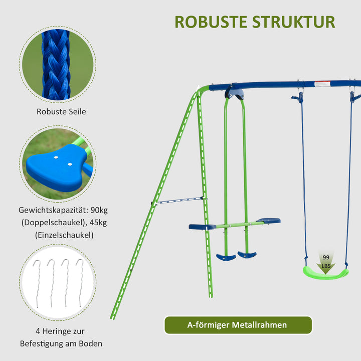 Gyngesæt, udendørs gyngesæt med 2 gynger, vippe, børnegynge med metalramme, grøn