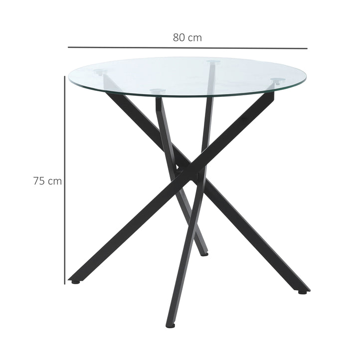 Moderne glas spisebord, 80 cm diameter, køkkenbord med hærdet glasplade og metalben, til 4 personer