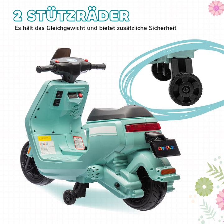 6V elmotorcykel til børn, med forlygte og musik, frem- og bakgear, støttehjul, 18-36 måneder, grøn
