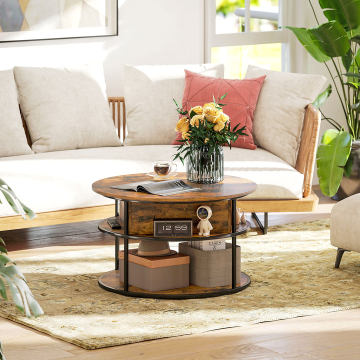 rundt sofabord med løftebar top, opbevaring, sidehylder, stålstel, sofabord, brunt