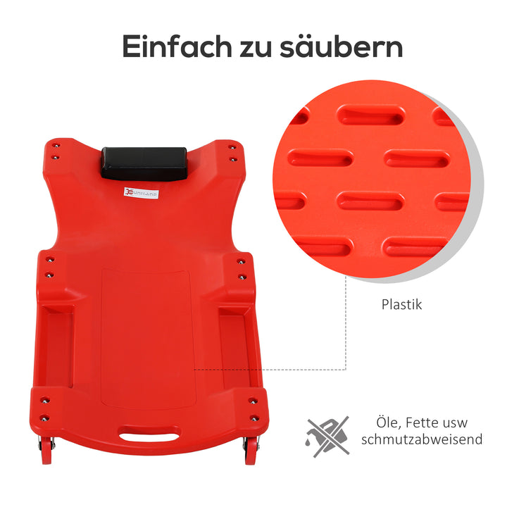 Monteringsrullebræt, nakkestøtte, værktøjsbakke, oliebestandig, op til 120 kg, 100x48x12 cm, rød