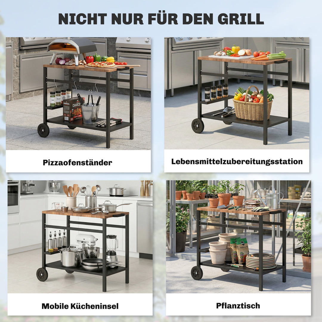 Køkkenvogn med hjul, serveringsvogn, rullevogn med kroge, kopholder, metal, 97 x 51 x 83 cm, sort og brun
