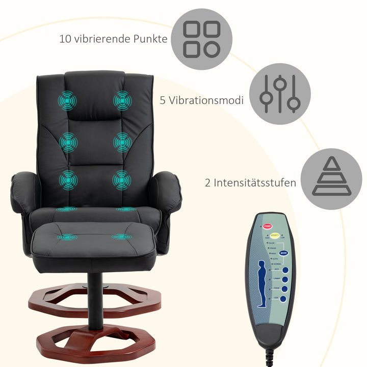 Massagestol med fodskammel, 10 massagepunkter, lænefunktion, roterende sæde, sort, 73 x 83 x 106 cm