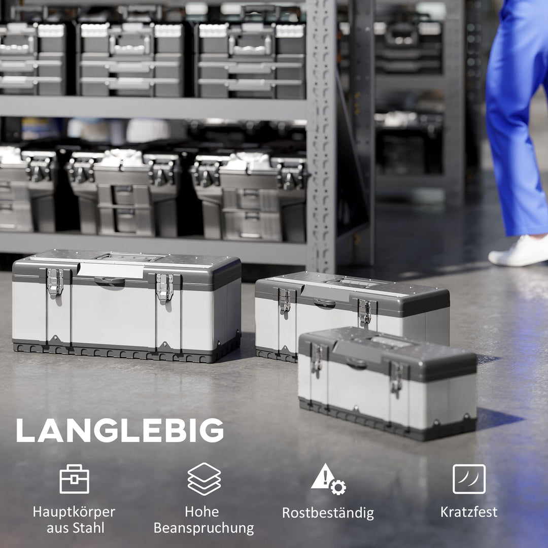 3-Delt værktøjskassesæt, rustfrit stål, plastik, sølv