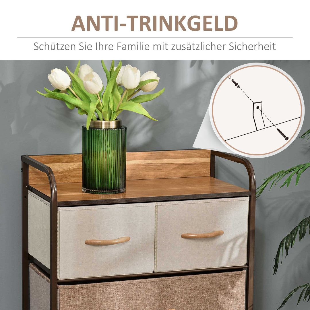 Kommode med 5 sammenklappelige stofskuffer, hylde, robust stålramme, 58 x 29 x 99 cm