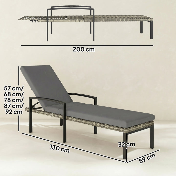 Sæt med 2 liggestole, polyrattan havestole med 5-positions justerbar ryglæn og hynde, op til 120 kg, lysegrå