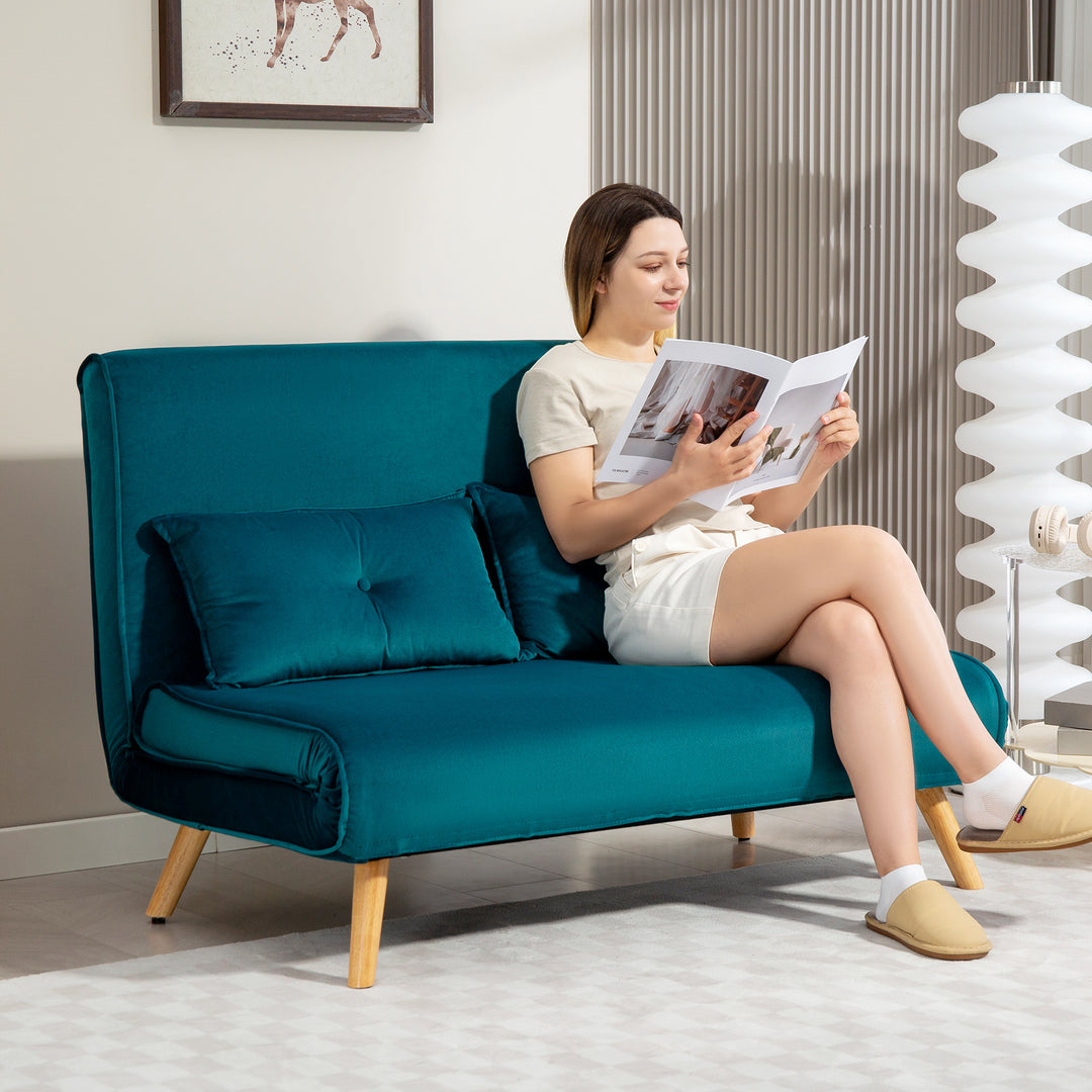 2-personers sovesofa, kan laves om til seng, justerbar ryglæn, stofbetræk, metalstel, grøn