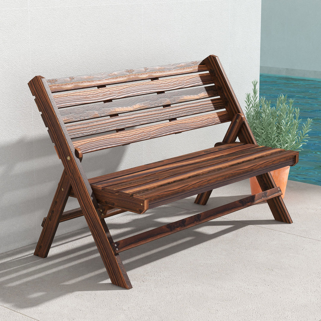 Havebænk til 2 personer, rustikt design, foldbar, naturtræ, 122 x 63 x 83 cm, forkullet overflade