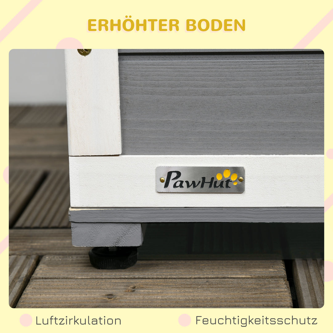 Hundehus i massivt træ med 2 foderskåle og veranda, vejrbestandig, 103 cm x 62 cm x 66 cm, grå + hvid