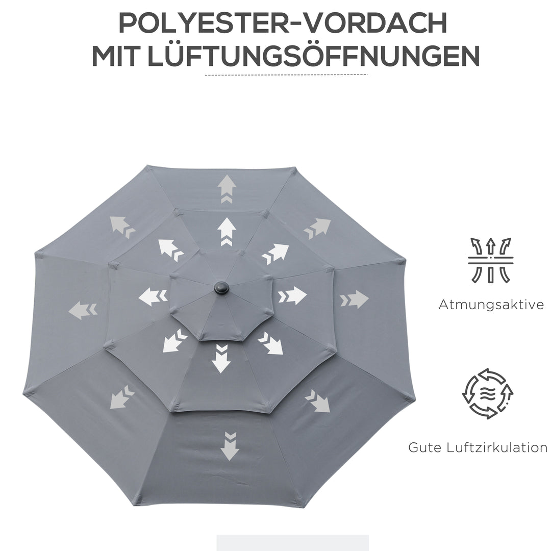 Parasol med 3-lags baldakin håndsving, 8 ribber haveparasol med solbeskyttelse, 260 cm, stål, polyester, mørkegrå