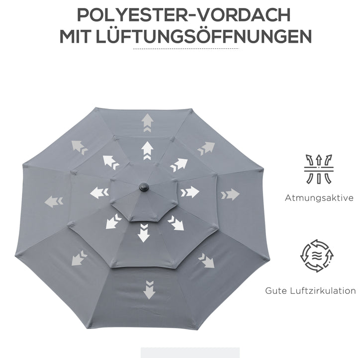 Parasol med 3-lags baldakin håndsving, 8 ribber haveparasol med solbeskyttelse, 260 cm, stål, polyester, mørkegrå