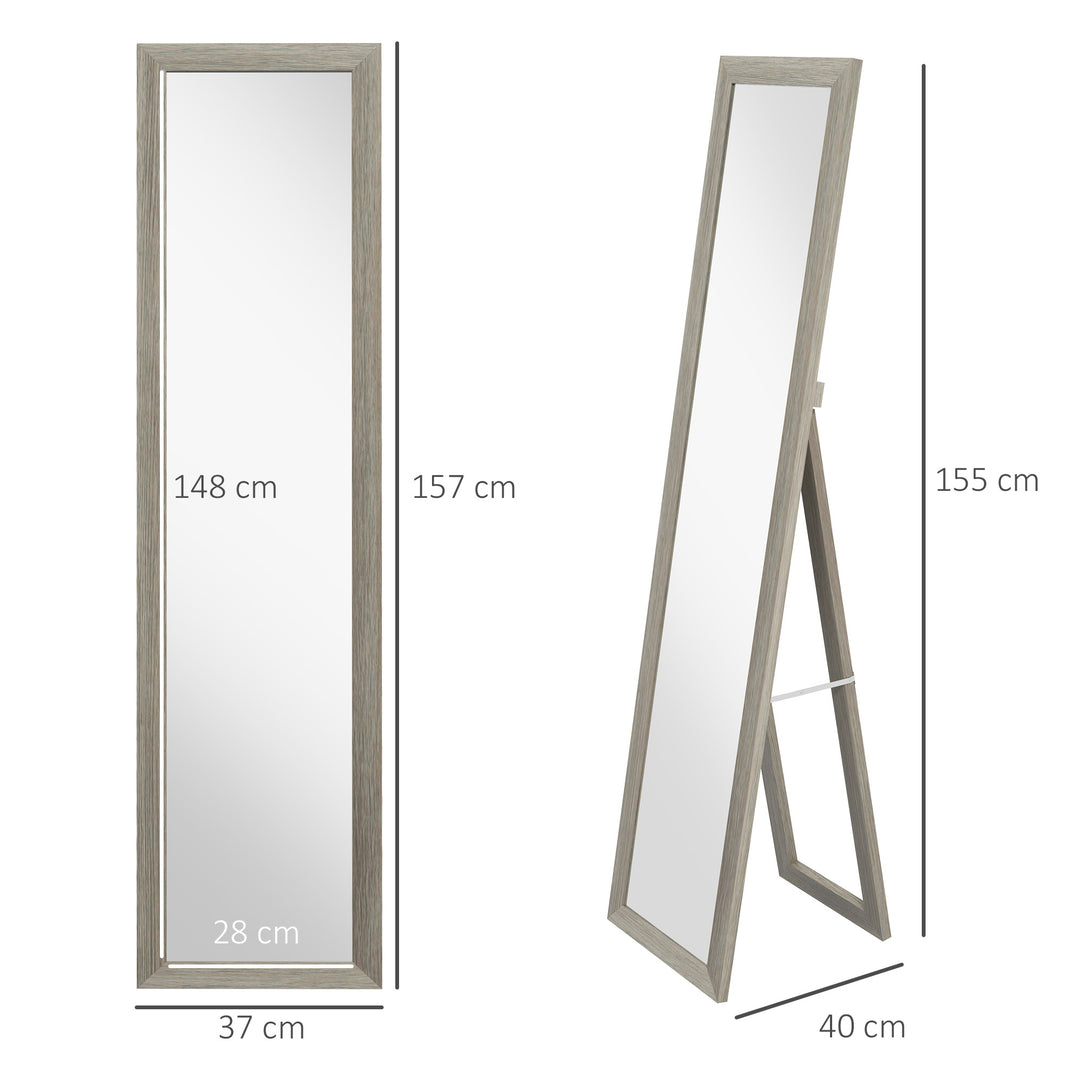 Helfigursspejl, 37 x 157 cm, til ophængning eller stående, rektangulært spejl til stue, soveværelse, grå