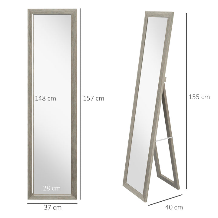 Helfigursspejl, 37 x 157 cm, til ophængning eller stående, rektangulært spejl til stue, soveværelse, grå