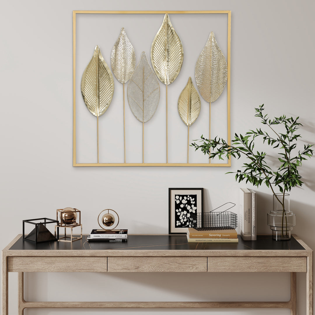 Metalramme med bladdesign, vægdekoration, moderne stil, guldfarvet