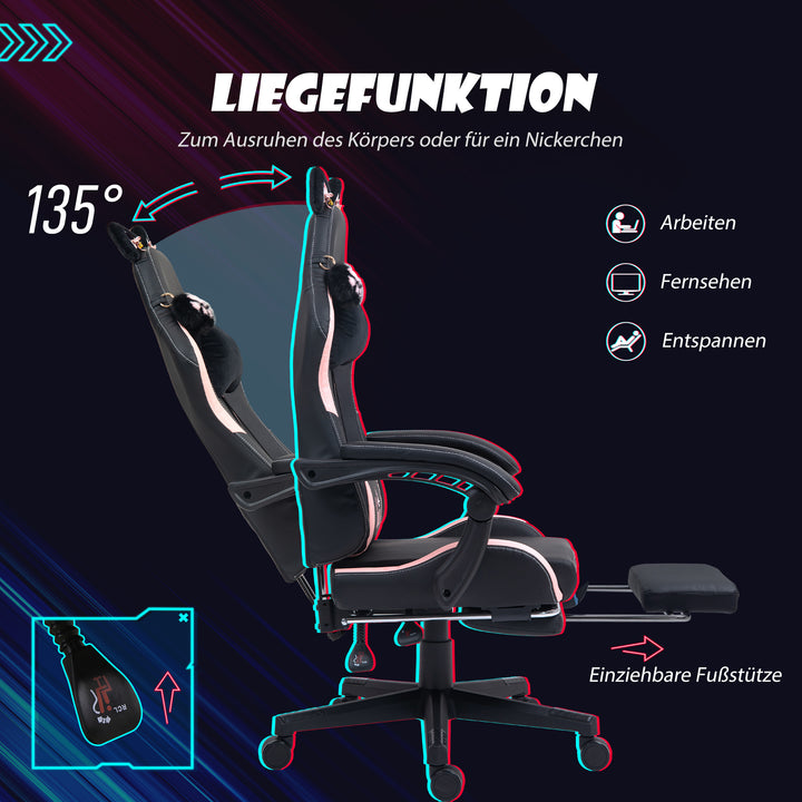 Gamingstol med katteører, lænelæn, udtrækkelig fodstøtte, op til 120 kg, pink/sort