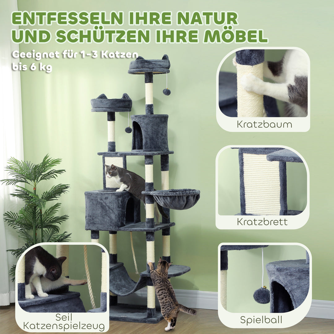 Kradsetræ 206 cm kattetårn med hule, 2 legebolde, sisalstolper, platform til store katte, mørkegrå