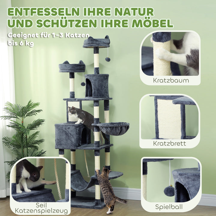 Kradsetræ 206 cm kattetårn med hule, 2 legebolde, sisalstolper, platform til store katte, mørkegrå