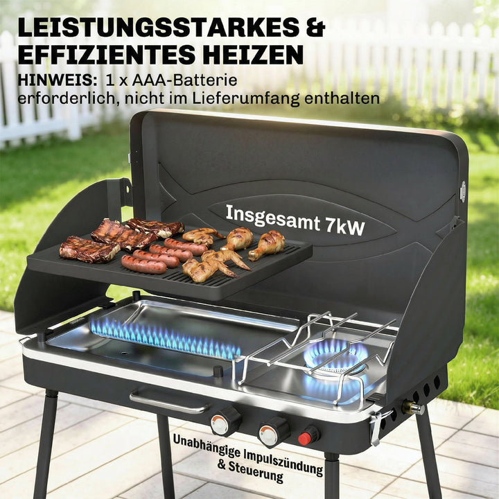 Bærbar gasgrill, 2 brændere, 7 kW, 2-i-1 bordgrill med stegefunktion, foldbare ben, grillrist, vindskærm, låg og låsemekanisme.