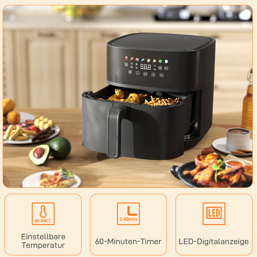 Varmluftfryer, airfryer, 8 programmer, 8 liter, led-skærm, sort