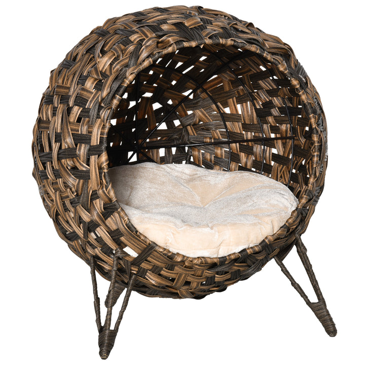 Rattan kattehus med hynde katte soveplads kattehule med hævede fødder brun 52 x 58 cm
