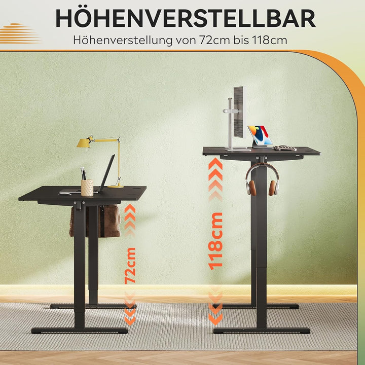 DEVAISE højdejusterbart skrivebord 140×70 cm, bordplade i ét stykke, støjsvag motor med 3 højdehukommelsesindstillinger, ergonomisk hæve-sænke skrivebord til kontoret, sort