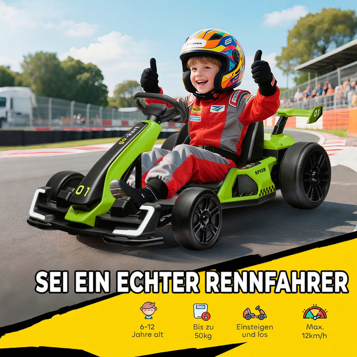 24V elektrisk gokart til børn med driftfunktion, 6-12 år, grøn