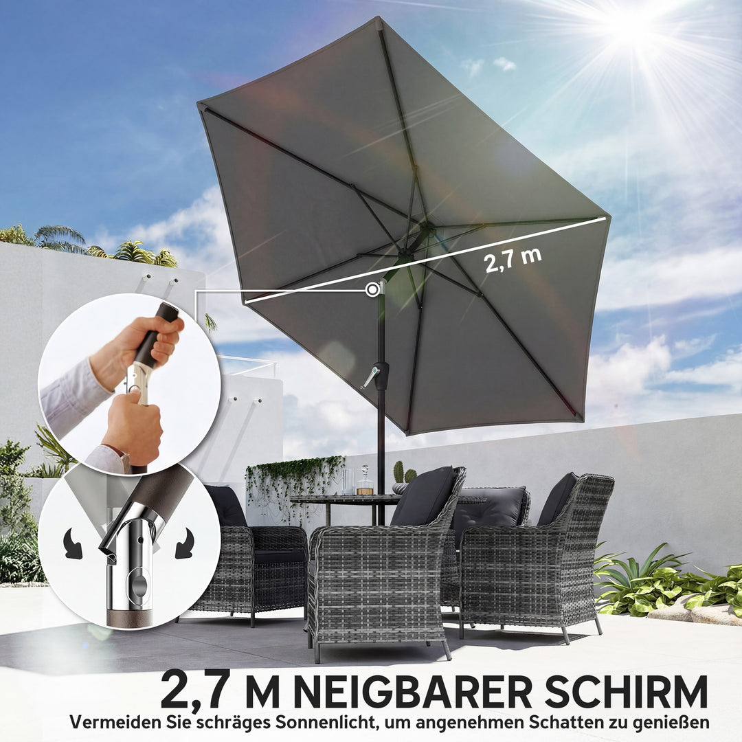 270 cm vipbar parasol, balkonparasol med håndsving, UV 50+, haveparasol, mørkegrå