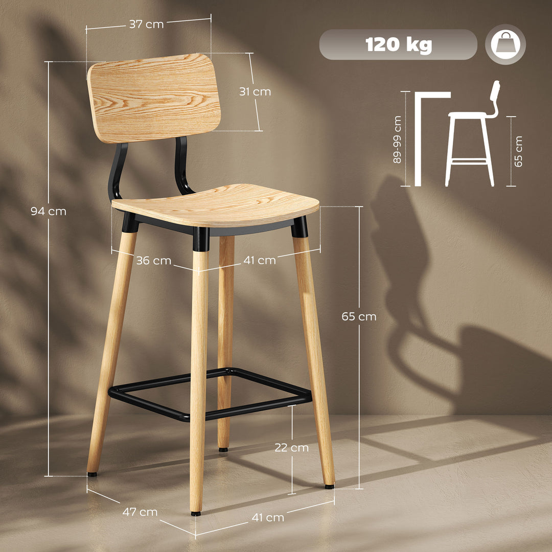 Sæt med 2 barstole med ryglæn, barstole til hjemmebar, køkkenø, spisestue, træ, metal, lysebrun