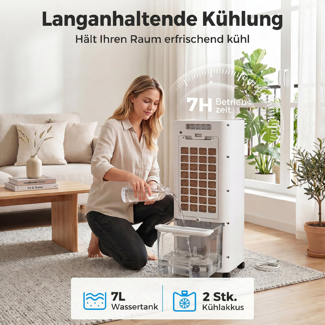 Bærbar luftkøler, 3-i-1 fordampningskøler med 7-liters vandtank, 48° drejefunktion, hvid