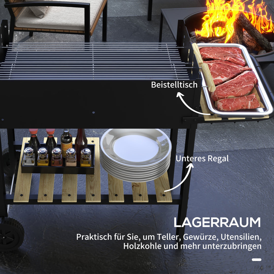 Kulgrill, grillvogn, 2 grillflader, 2 hjul, håndtag, hylder, 113 x 53,5 x 82,5 cm, sort