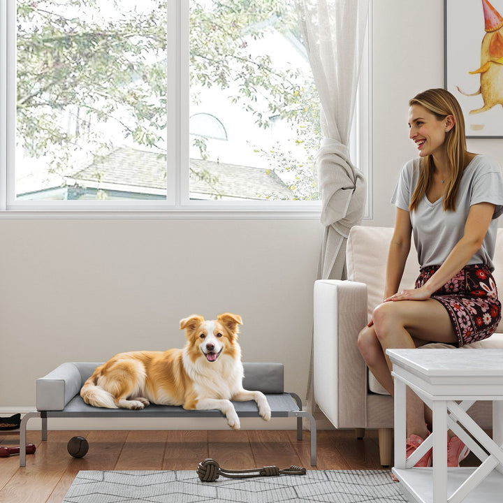 Udendørs hundeseng, hævet hundeseng til mellemstore hunde, med l-formet hynde, 110x75x30cm, lysegrå