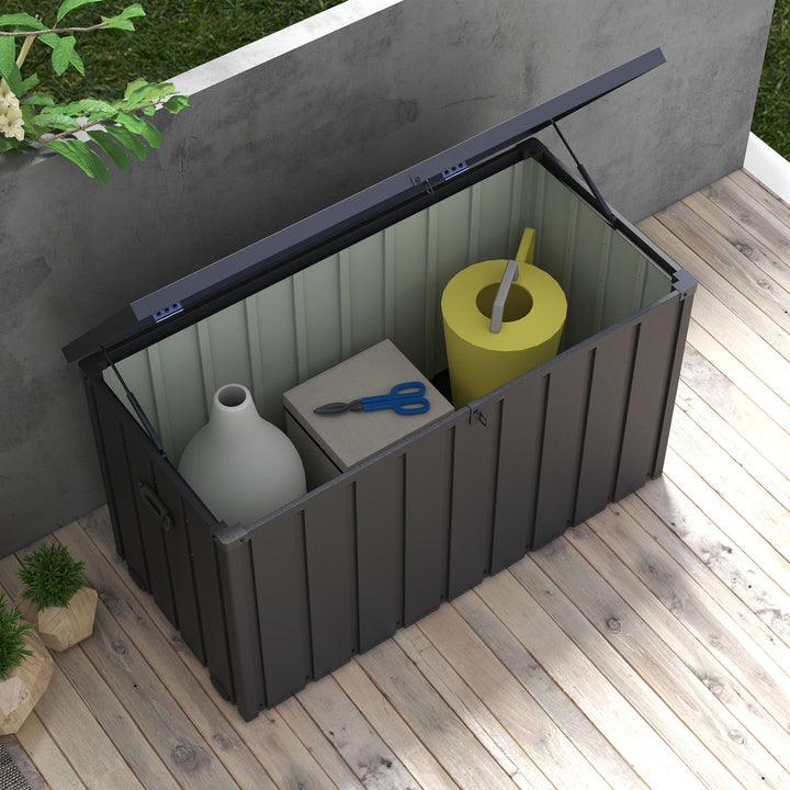 Opbevaringskasse, havekasse, 450L opbevaringsplads, 2 hjul, stålramme, 125x61x70 cm, mørkegrå