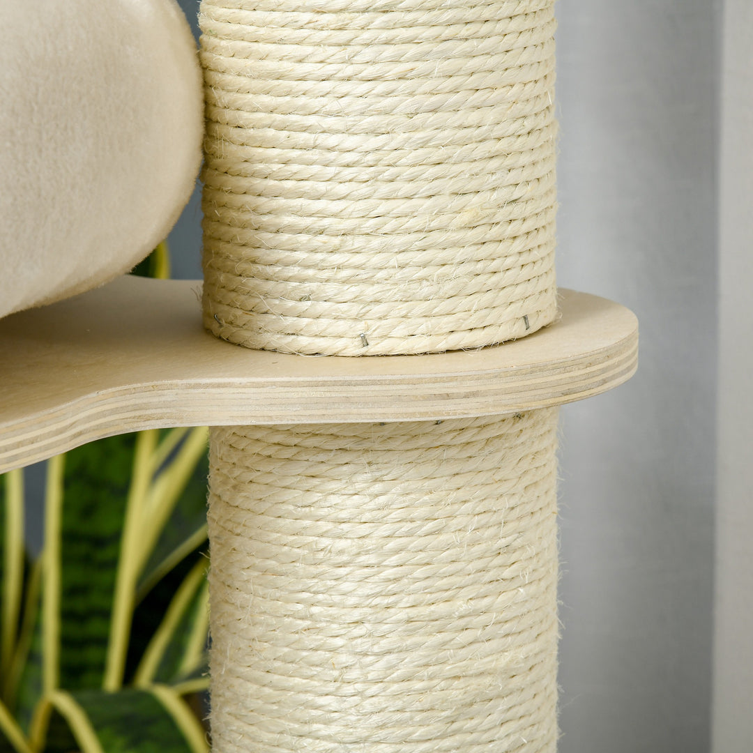 Kradsetræ 122 cm højt trækattetårn med tre niveauer, sisalstolper, platform, kradsetræ i flere niveauer, klatretræ til katte under 4,5 kg, naturlig + creme