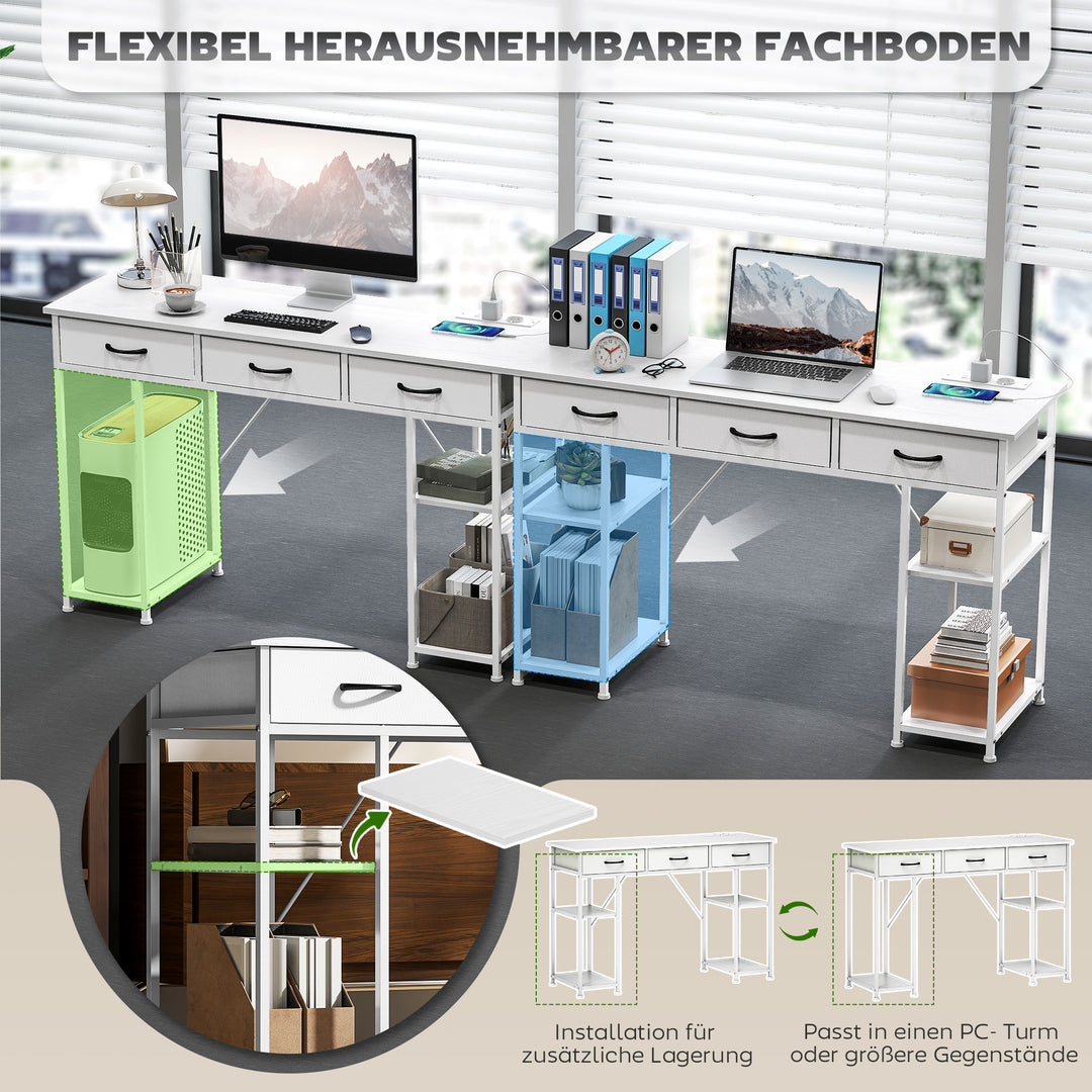 Køkkenbord med 2 USB-opladeporte, 2 stikkontakter, justerbare hylder, 3 stofskuffer, 120x40x76 cm, hvid