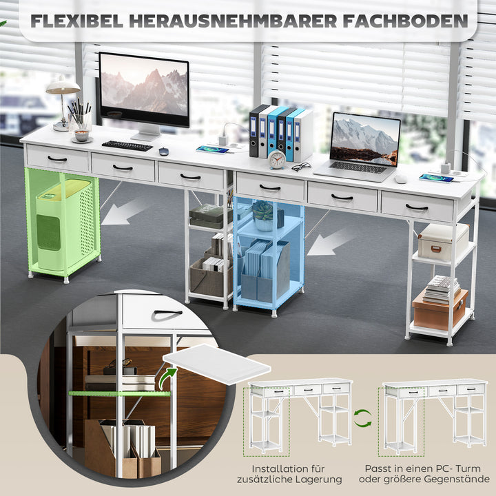 Køkkenbord med 2 USB-opladeporte, 2 stikkontakter, justerbare hylder, 3 stofskuffer, 120x40x76 cm, hvid