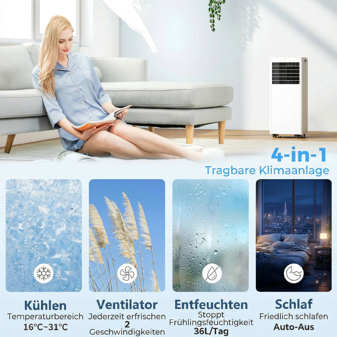 Bærbart klimaanlæg 7000 BTU, 4-i-1 klimaanlæg med køling, affugter, ventilator, dvaletilstand
