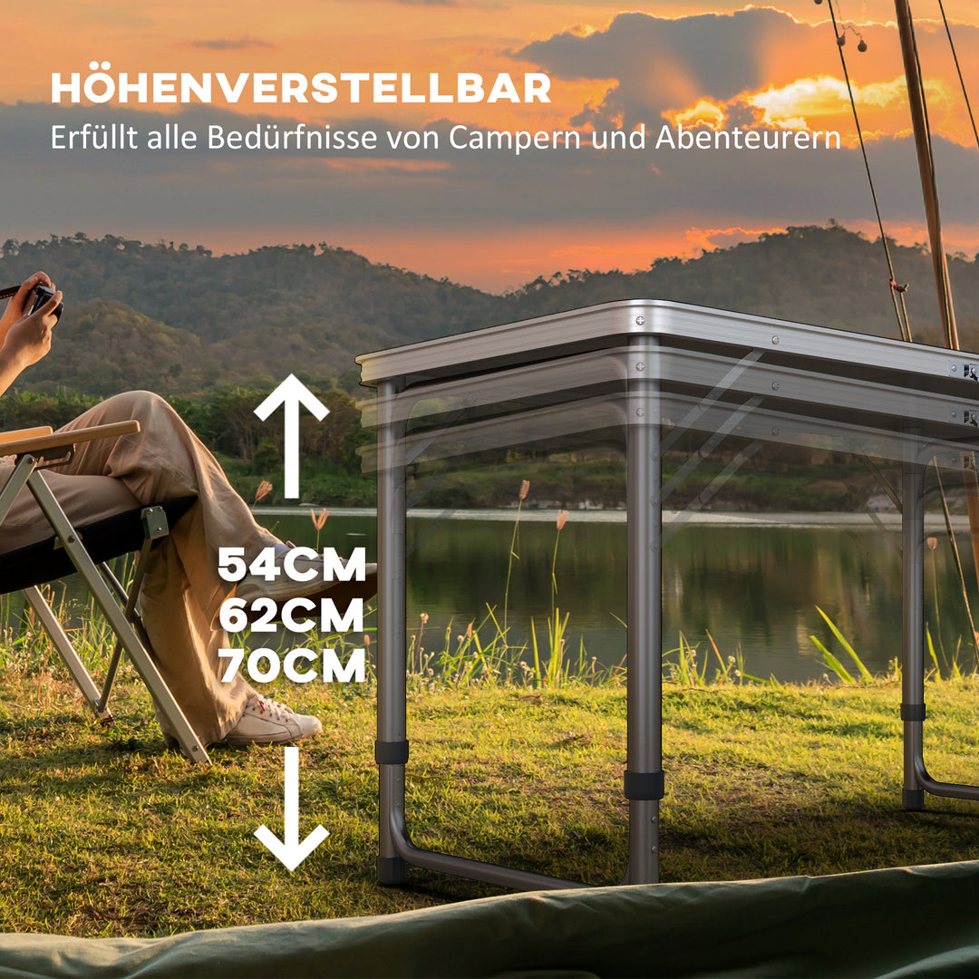 Sammenklappeligt campingbord, let, højdejusterbart, aluminiumsstel, 240 x 60 x 54/62/70 cm, sort