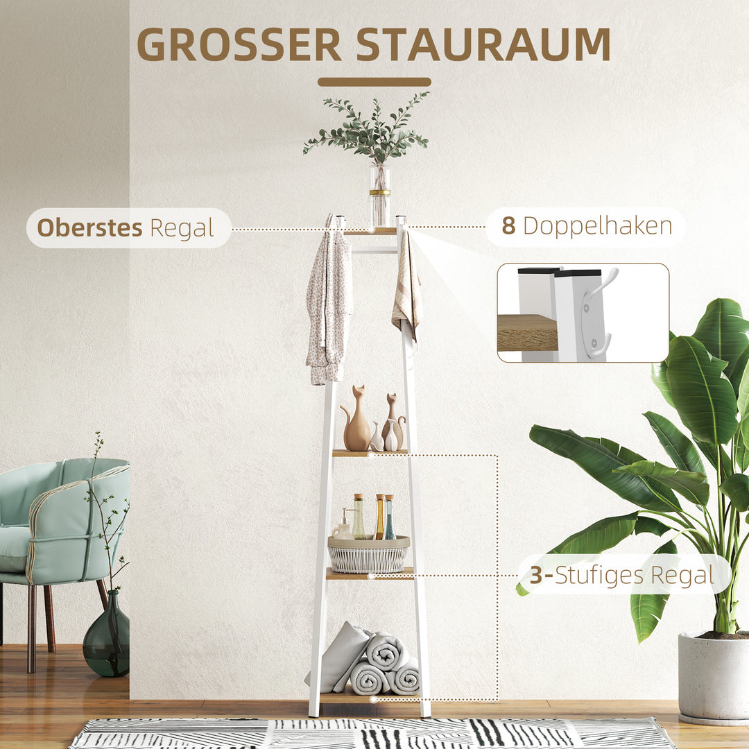 Tøjstativ, trapezformet design, tre etager, 8 dobbelte knager, stål, hvid+eg