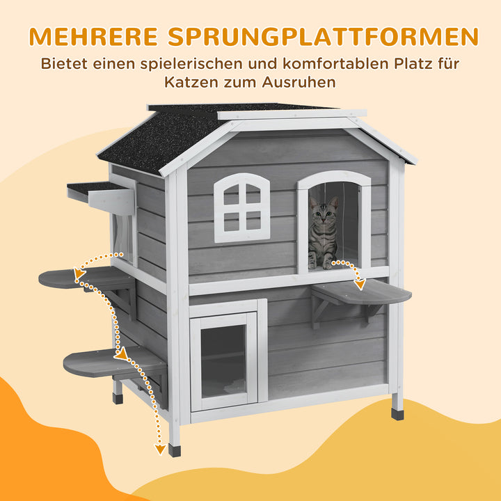 Trækattehus 2-lags vintersikkert vandtæt kattehus med asfalttag, foldbart låg, trappe, kattehule, udendørs ly til udendørs have, balkon, 78 x 55,5 x 91 cm, grå