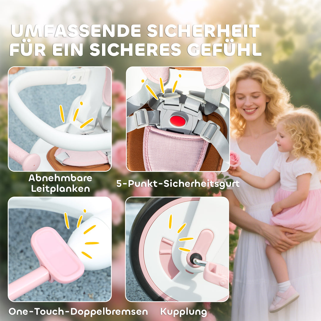 Børnetrecykel, konvertibel babyvogn, 5-i-1 design, aftageligt skubbehåndtag, justerbar, sikkerhedssele, opbevaringstaske, 1-3 år, pink
