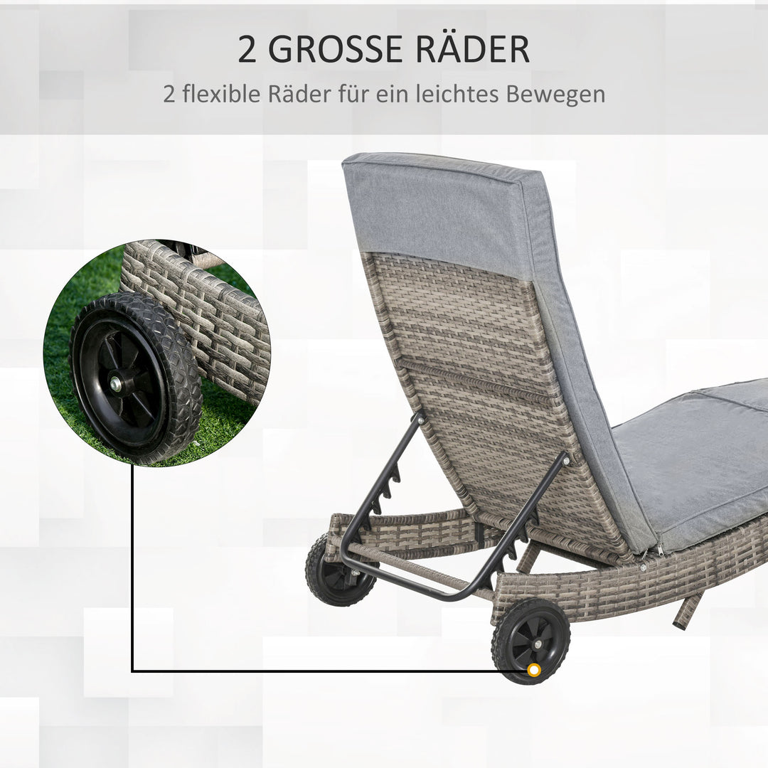 Polyrattan liggestol, havestol med hynde, justerbar i 5 positioner, rattan liggestol, havemøbler, S-formet liggestol, metal, grå, 207 x 70 x 70 cm