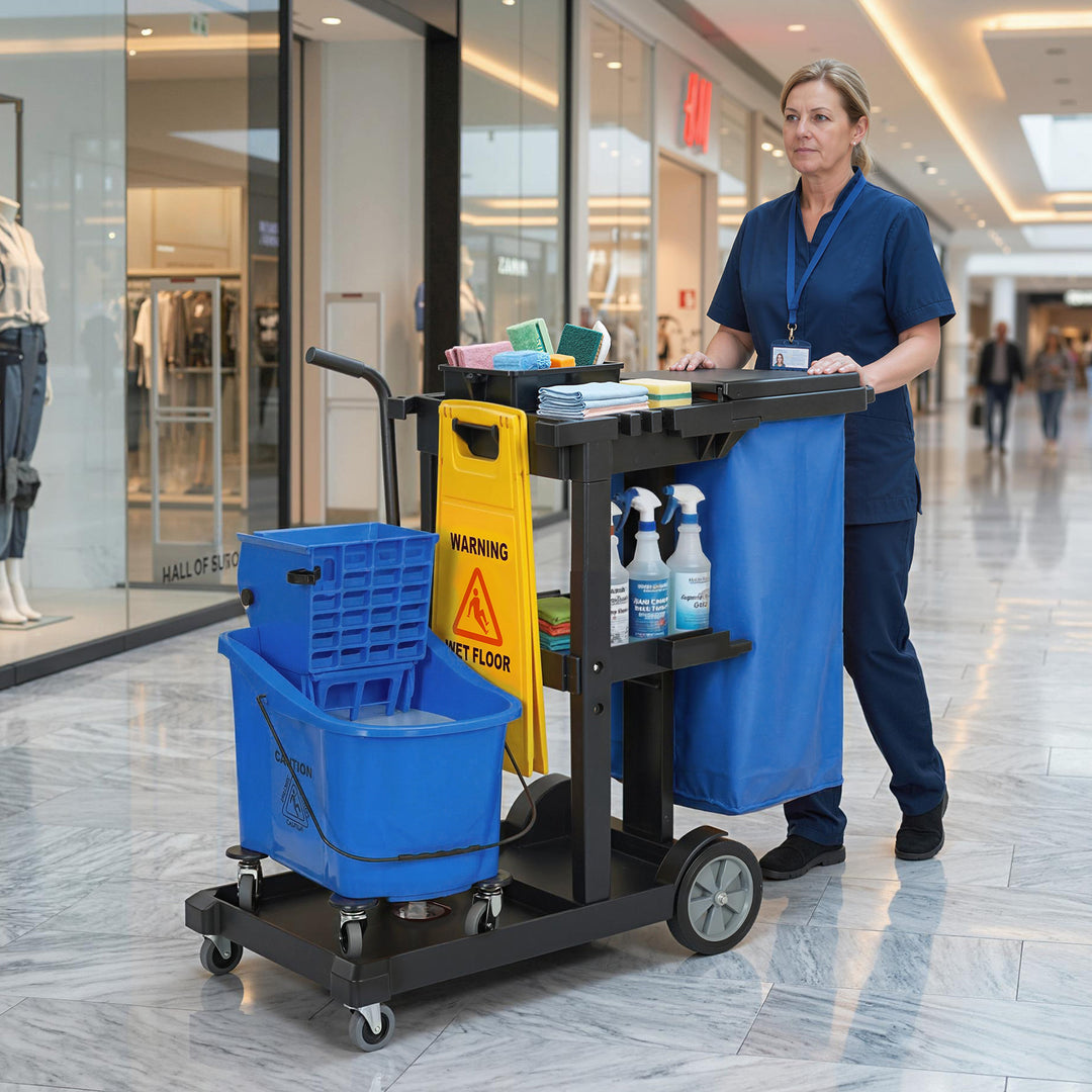 Rengøringsvogn, rullende rengøringsvogn med 3 hylder, 70-liters affaldspose, moppespand, blå