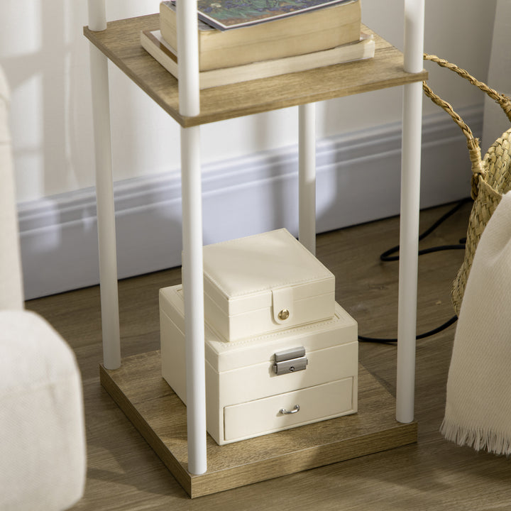 Gulvlampe, loftprojektør, med hylder, metalramme, stofskærm, 26x26x159cm, hvid/brun