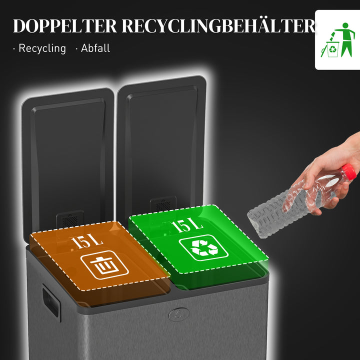 2 x 15 L dobbelte affaldsbeholdere, pedalåbning, nem at rengøre, rustfrit stål, plastik, sort