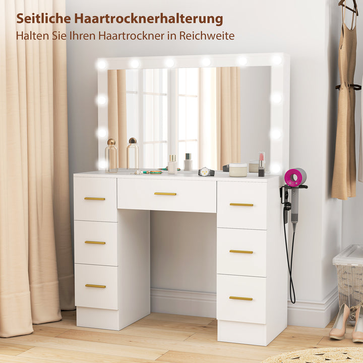 Toiletbord med spejl og 12 led-lys, sminkebord med 7 skuffer, spånplade, hvid