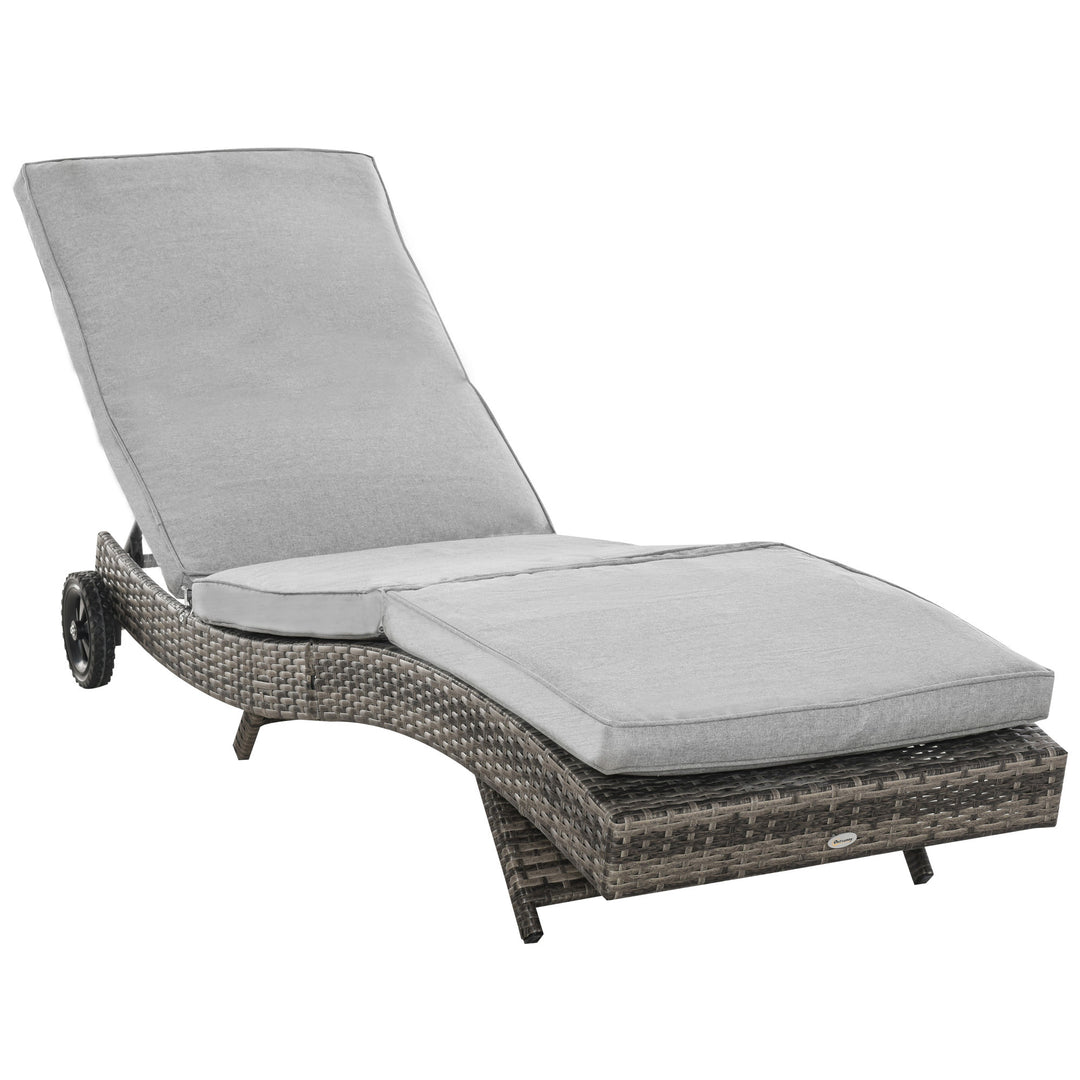 Polyrattan liggestol, havestol med hynde, justerbar i 5 positioner, rattan liggestol, havemøbler, S-formet liggestol, metal, grå, 207 x 70 x 70 cm