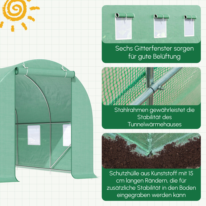 Drivhus 445x190x200cm plastikdrivhus tomathusdør med myggenet, vindue, galvaniseret stålfilmtunnel, staldplantetunnel, drivhus inklusive jordankerreb, grøn