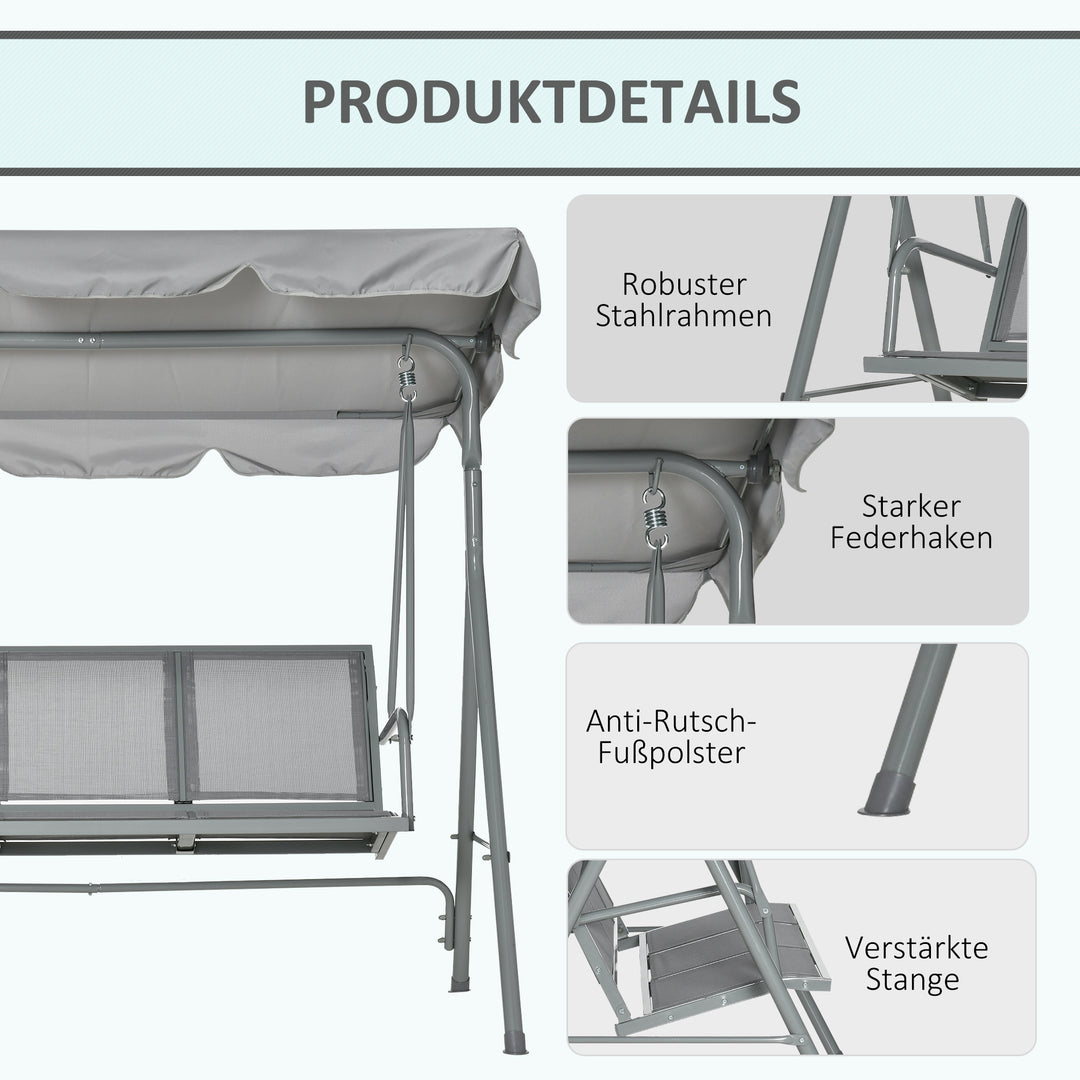 Hollywood-gynge med justerbar solskærm, 3-personers havegynge med skridsikre fødder, gyngebænks bæreevne op til 240 kg, haveliggestol til haven, terrasse, 171x108x154cm, grå