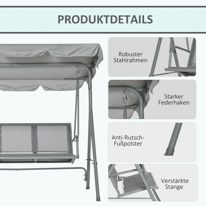 Hollywood-gynge med justerbar solskærm, 3-personers havegynge med skridsikre fødder, gyngebænks bæreevne op til 240 kg, haveliggestol til haven, terrasse, 171x108x154cm, grå
